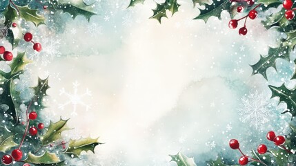 Festive winter background featuring holly leaves, red berries, and gentle snowflakes for holiday card designs