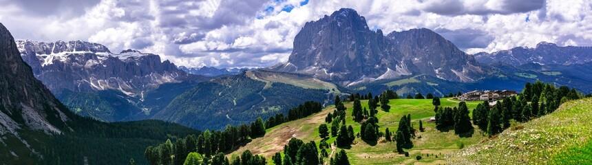 Breathtaking panorama of beautiful Alps mountains Dolomites, Val Gardena ski resort in south Tyrol in northern Italy. Alpine nature scenery.