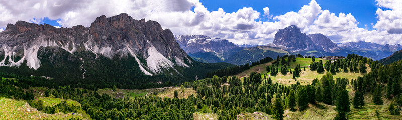 Breathtaking panorama of beautiful Alps mountains Dolomites, Val Gardena ski resort in south Tyrol in northern Italy. Alpine nature scenery.