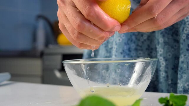 Woman hands squeeze lemon juice into glass bowl cooking on kitchen at home. Preparing ingredient for dish or beverage. Recipe cuisine professional culinary. Prepare fruit dessert homemade drink.