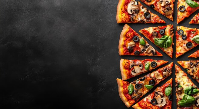 Elegant arrangement of vibrant pizza slices displayed in a stylish pattern against a dark gray background