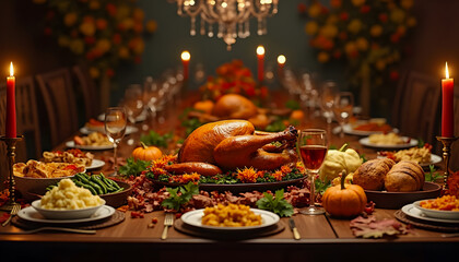 Fototapeta premium Thanksgiving Dinner Table Setting with Roasted Turkey, Mashed Potatoes, and Fall Decor.