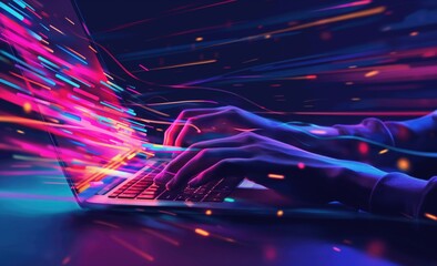 Person is typing on a laptop with a colorful background. Concept of creativity and productivity, as the person is using the laptop to work or create something