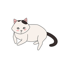 Doodle cute white cat with black tail lying down. Simple funny vector illustration isolated.
