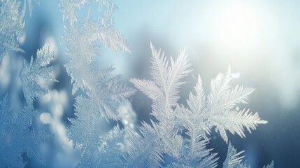 Frosty windowpane with intricate ice patterns, detailed winter close-up