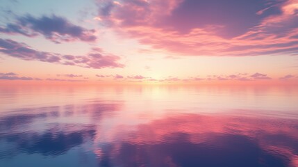 Naklejka premium Beautiful sunset over the ocean with pink and orange hues. The sky is filled with clouds, and the water is calm and still. The scene is serene and peaceful, and it evokes a sense of calm