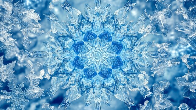 Geometric snowflake patterns in a kaleidoscope design, vibrant blue and white hues blending together, visually stunning