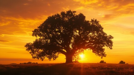 Fototapeta premium Majestic Tree Silhouette at Sunset - Golden Hour Landscape Photography