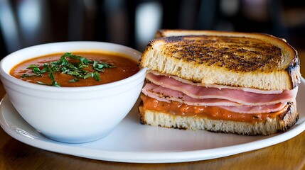 A classic grilled ham and cheese sandwich with a side of tomato soup