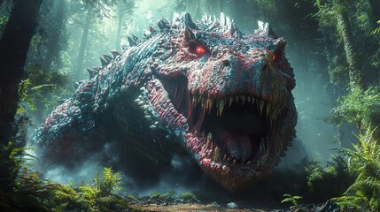 Tyrannosaurus Rex Roaring in the Jungle: A Prehistoric Beast