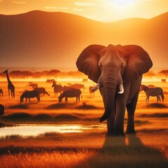 Obraz premium Majestic Elephant and Wildlife in African Savannah at Sunset