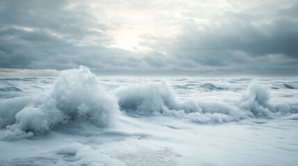 Winter seascape with icy waves breaking on the shore, under a moody sky