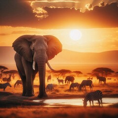 Obraz premium Majestic Elephant and Wildlife in African Savannah at Sunset