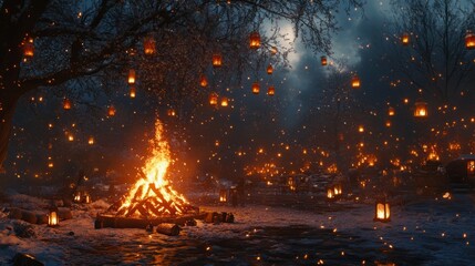 Winter solstice celebration with bonfires and lanterns, festive atmosphere