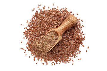 A wooden scoop filled with organic Flaxseed (Linum usitatissimum) Flour, placed on a heap of Flaxseeds, isolated on a white background.