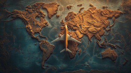 A toy airplane sits on top of a world map, representing global travel and exploration.