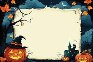 Halloween-themed blank paper for writing cartoon style, cartoon design, pumpkins and a witch hat on the left side of the frame Generative AI