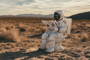 Astronaut sitting on toilet bowl and reading a newspaper. Ai generative art