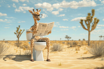 Giraffe sitting on toilet bowl and reading a newspaper. Ai generative art