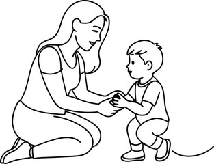 Happy mom with her little son in continuous line art drawing style, mother holding son,  smiling mom and son sketch,  happy mom and little boy outline vector illustration