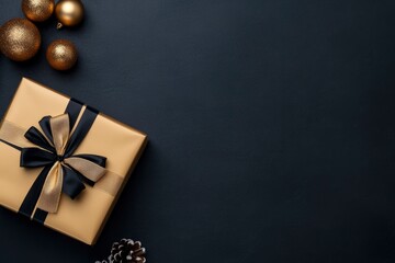 Golden gift box with ribbon and Christmas ornaments on a dark background, top view. Flat lay. Banner for product presentation. New Year concept. Black and gold color scheme.