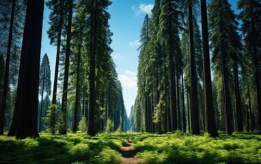 Obraz premium A winding path stretches through lush greenery and tall trees under a bright blue sky