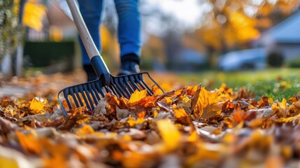  person using a rake to gather fallen autumn leaves into a pile in a residential yard