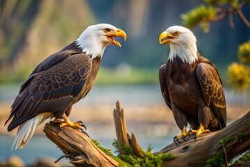 Two bald eagles perched on branch facing each other in forest