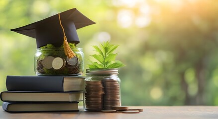 A stack of coins and books represent education with a graduation cap on top. Growing green plants symbolize investment and increased scholarship. College and University Tuition Fee Scholarship Ideas