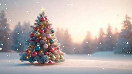 Decorated Christmas tree in snowy forest