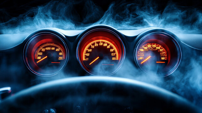 Close-up of a glowing car speedometer surrounded by smoke, representing high speed, power, and performance in driving.

