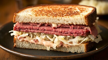 A classic Reuben sandwich with corned beef, sauerkraut, and Thousand Island dressing
