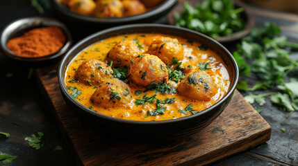 Creamy kadhi pakora . The golden yellow kadhi with soft pakoras. Generative AI