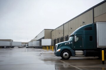 Naklejka premium Semi-Truck Parked at Warehouse Distribution Center in Rainy Weather