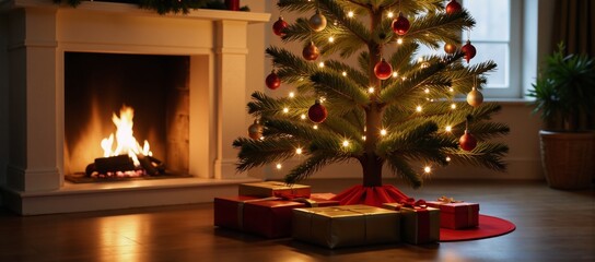 Cozy Christmas interior with a magical glowing tree fireplace aglow and piles of gifts waiting under the twinkling lights