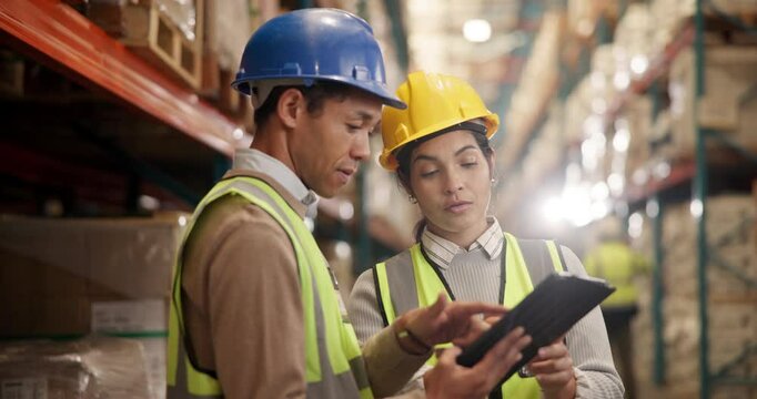 Tablet, engineer team and discussion at warehouse for shipping, logistics or freight distribution planning on technology. Factory, people and collaboration for inventory, stock or storage management - Powered by Adobe