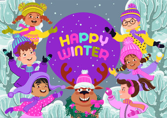Happy winter. Cute kids and deer playing in the winter park. Children dressed in warm costumes. Cartoon happy kids smiling. Multiethnic boys and girls. Winter wonderland. Vector flat illustration