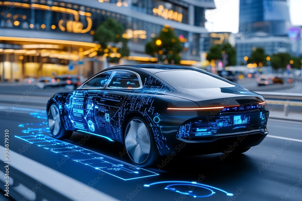 Poster Futuristic control system in a self-driving city, where autonomous vehicles and smart infrastructure are monitored by real-time AI algorithms