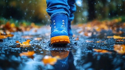 Child in rubber boots in puddle in rainy day, a child in a raincoat with a hood runs through puddles in rubber boots.