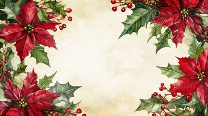 Festive border design featuring vibrant poinsettias and holly leaves for holiday celebrations and winter occasions