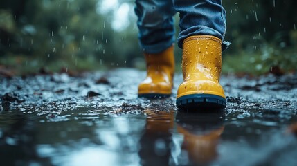 Child in yellow rubber boots in puddle in rainy day, a child in a yellow raincoat with a hood runs through puddles in rubber boots.