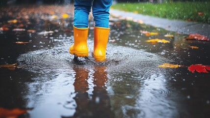 Child in yellow rubber boots in puddle in rainy day, a child in a yellow raincoat with a hood runs through puddles in rubber boots.