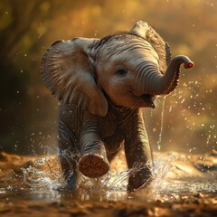   A baby elephant splashing in water with its trunk raised high