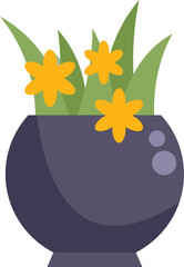 Illustration of yellow flowers growing in a grey pot with handles, perfect for designs related to houseplants and home decor