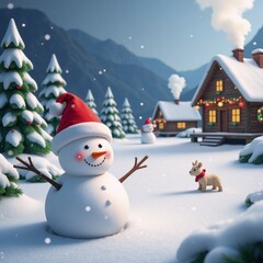 Obraz premium A wintery festive Christmas scene featuring a smiling snowman amidst snowy landscapes for holiday greetings