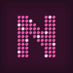 Unique led dot letter N design. LED glowing letters font. Decorative cinema text vector.