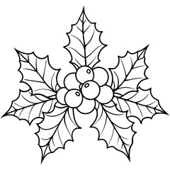 Three holly leaves surrounding a cluster of berries, simple and festive  line art vector