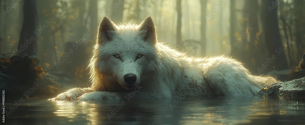 Wall mural closeup of a white wolf with a lush forest background showcasing the majestic animals piercing gaze and fur texture capturing the essence of wild beauty and tranquility in nature