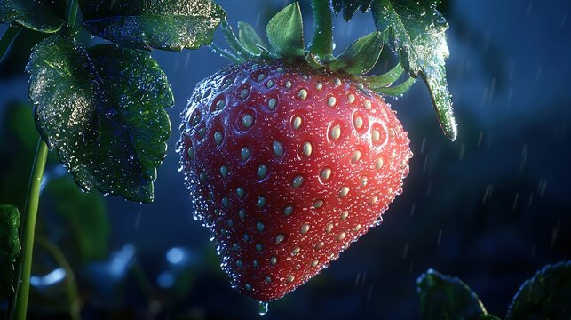   A macro shot of a ripe strawberry perched atop its verdant stem, adorned with dewdrops glistening on both its luscious skin and surrounding fol