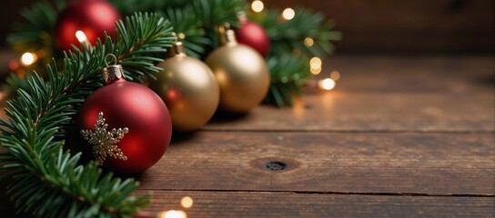 A cozy Christmas scene features vibrant holiday decorations against a rustic wood backdrop